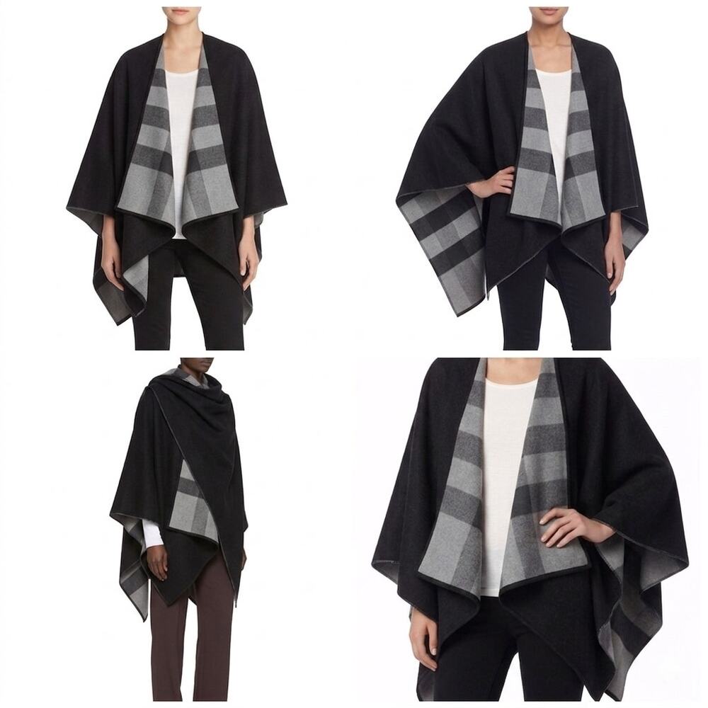 Burberry 100 wool Black & Gray Reversible Cape New